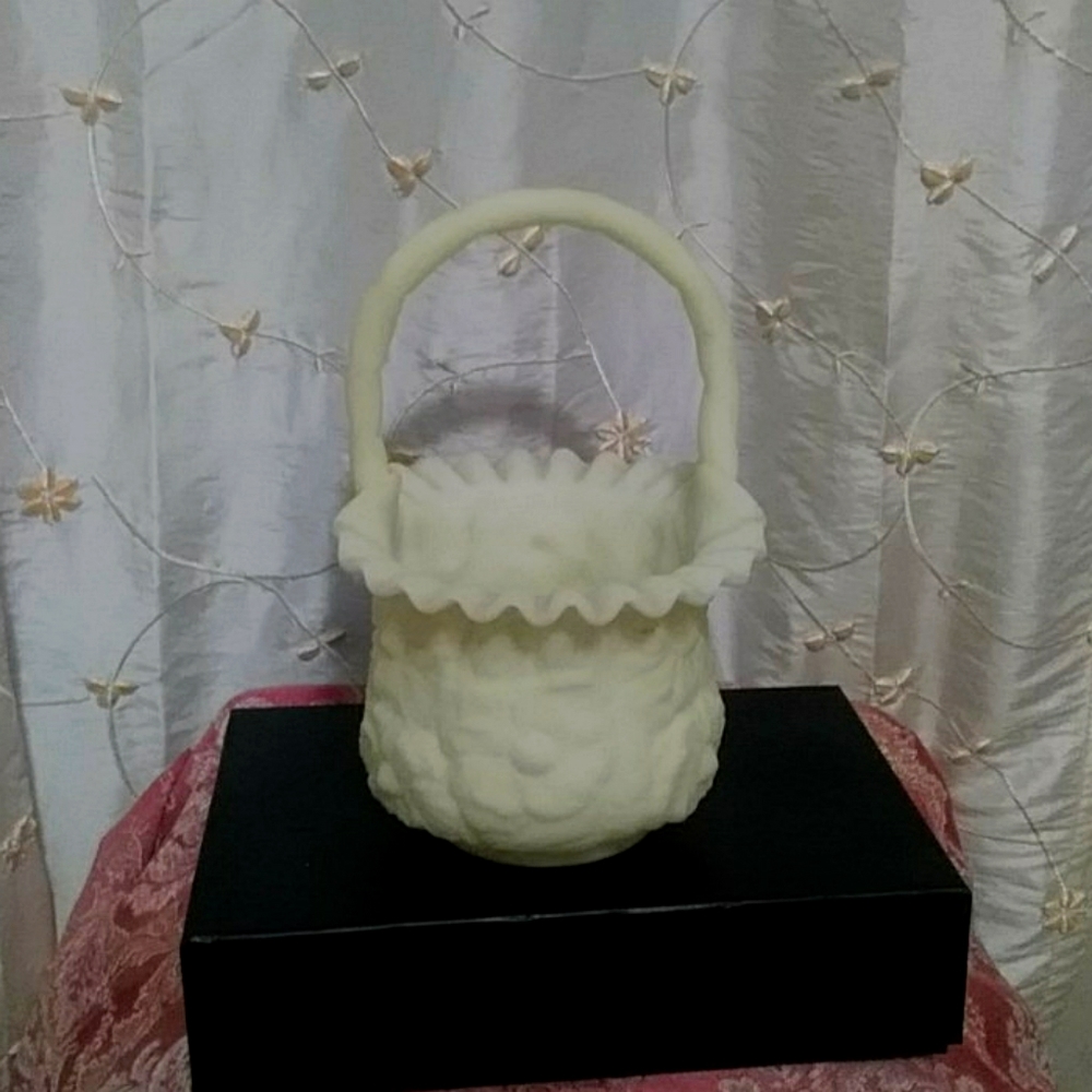 1960's Fenton Satin floral Vaseline basket in a very light yellowish green